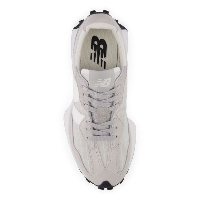 Top down view of the New Balance 327 pair in pale grey and white