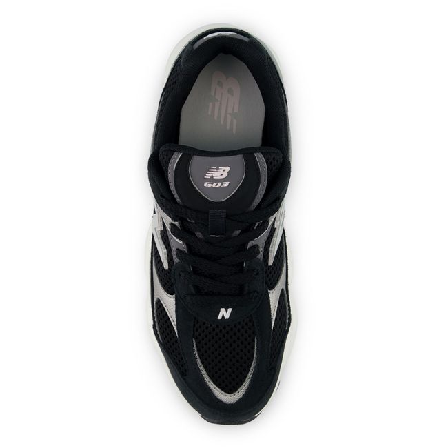 New Balance 603 sneaker in black, top-down view.