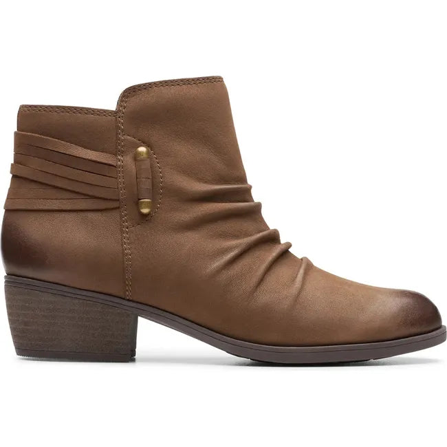 Lateral side of Women's Clarks Charleton Rosa Boot in Mushroom brown nubuck leather with block heel