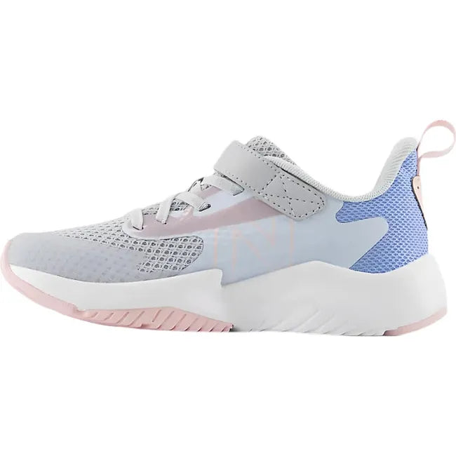 Medial of New Balance Kids' Rave Run V2 Velcro Top Strap Running Shoe in grey, blue, and pink