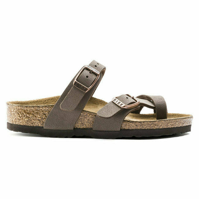Side of a Mocha Brown Birkenstock Kids' Mayari  sandal with two straps and a toe post.