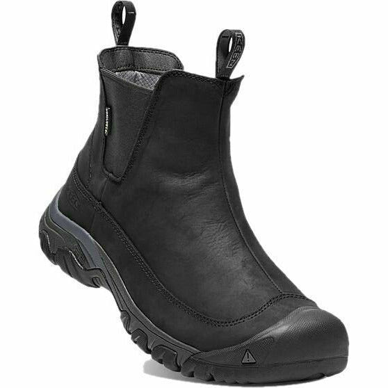 Angled front view of Men's Keen Anchorage III Waterproof Boot in black leather with slip on entry