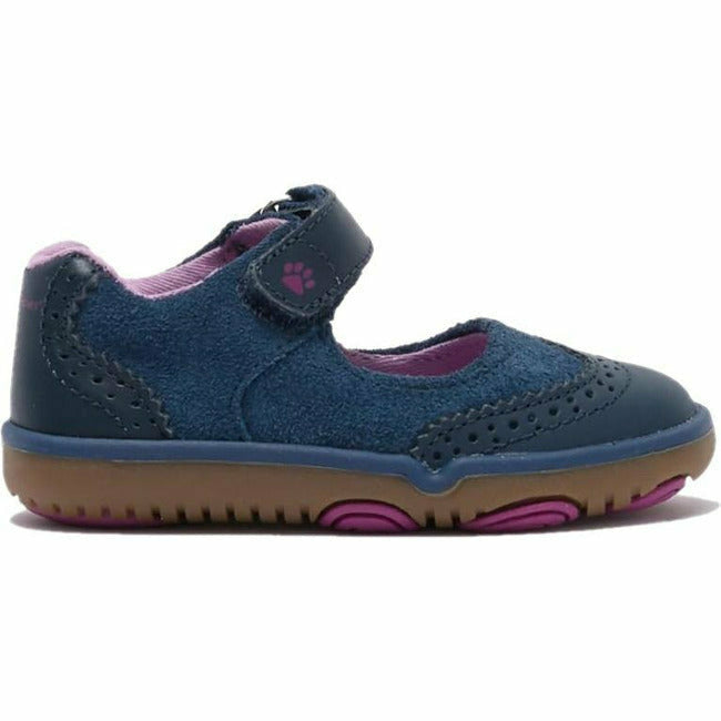 Lateral side of Hush Puppies Mary Jane Kids' H-Bella Shoe in Navy with pink accents