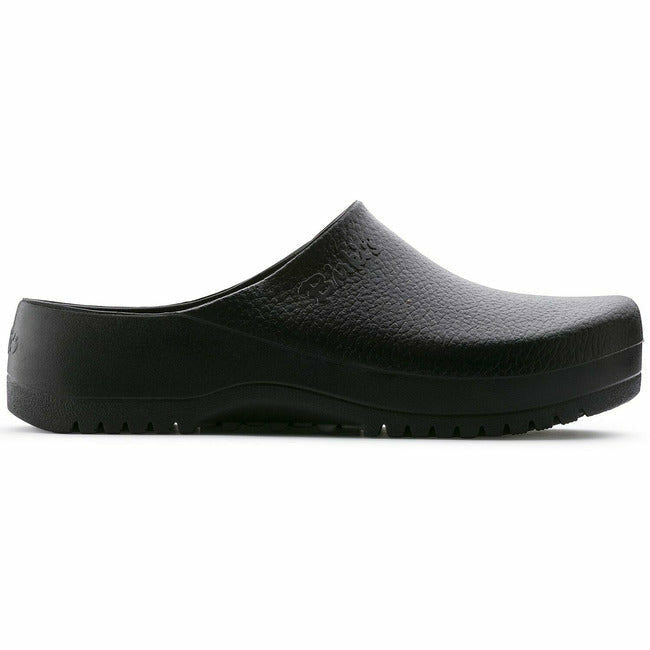 Side view of the Slightly angled view of the Black Birkenstock Professional Super Birki clog for healthcare and utility, featuring a water-resistant and dirt-repellent polyurethane exterior and 'Birki's' branding on the lateral side of the instep.