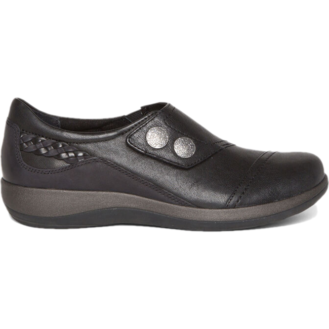 Lateral side of Aetrex Women's Karina Shoe in black leather with velcro strap